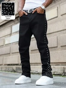 PAVTROS 男士铆钉装饰口袋休闲喇叭裤牛仔裤 男士黑色水钻牛仔裤 男士黑色铆钉牛仔裤 男士黑色银色铆钉牛仔裤 - 黑色 - 查看 1