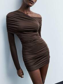 Maija 2025 Robe moulante asymétrique froncée de couleur unie pour femmes, automne - Tabac - Voir 2