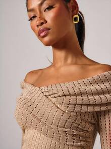 COSMINA Women's Elegant Ruched Foldover Off Shoulder Hollow Out Fitted Cropped Top, Spring/Autumn - Army Green - View 7