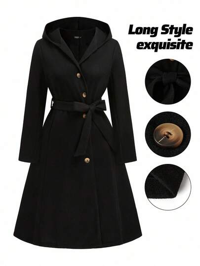 EMERY ROSE Plus Size Women's Hooded Waist Cinched Long Sleeve Autumn/Winter New Versatile Fashion Overcoat, Suitable For Daily Commute, Slimming Fall Cloth For Women