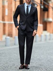 Manfinity Bizformal Men's Business Casual Suit, Notched Lapel, Chest Pocket With Color Accent Decor, Suitable For Commute, Outdoor, Wedding, Party, 2 Pieces Suit Set, Jacket And Trousers Men Black Suit Men Casual Suit Slim Fit Suit Men Blazer And Pants Men Elegant Outfit Men Slim Fit Suit Men Black Suit Black Suit Outfit Men Two Pieces Suit Men Dress Suit Men Suit Men Elegant Suit Men Suits Slim Fit - Black - View 4