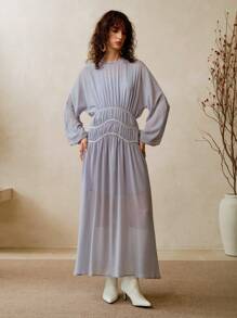 EMERY ROSE Vestido largo elegante de mujer con mangas de farol y pliegues en la cintura, de gasa, para otoño, vestidos de otoño para mujeres, ropa bohemia para mujeres, atuendos elegantes para mujeres - Púrpura malva - Ver 5