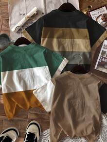 SHEIN 3 Pcs/Set Tween Boys Casual Graphic Print Geometric Patchwork Design Round Neck Short Sleeve T-Shirts, Fashionable For Summer