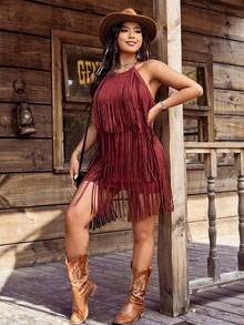 SHEIN LUNE 大码女式西部音乐节嬉皮摇滚流苏装饰吊带波西米亚风度假连衣裙 - 酒紅色 - 查看 5