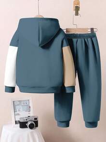 SHEIN 2件套年轻男孩休闲宽松拼色简约高级简约蓝灰色、卡其色、米色宽松长袖连帽衫套装