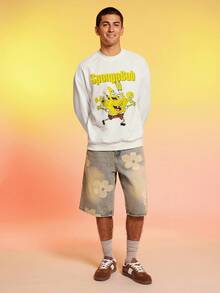 SpongeBob SquarePants | SHEIN Men Letter & Cartoon Pattern Long Sleeve Pullover Sweatshirt , Fall - White - View 4