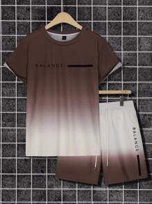 Manfinity Roughcore Bộ áo thun và quần short cổ tròn tay ngắn in chữ gradient mùa hè dành cho nam, trang phục thoải mái - Nhiều màu - Xem 8