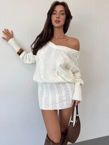 Aloruh Rochie mini pulover cu mânecă lungă, tricotată, stil vintage, cu umeri goi, sexy, mulată, stil toamnă/iarnă