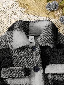 SHEIN 3 件套年轻女孩休闲格子双面羊毛保暖中长款夹克、长袖针织上衣和打底裤儿童冬季服装女童 - 灰色 - 查看 6