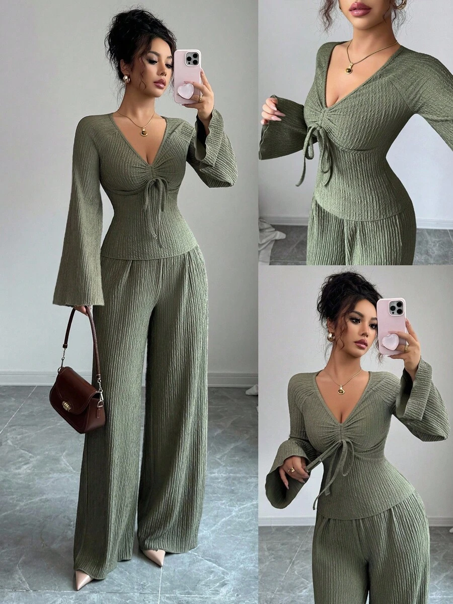 Elenzga 秋季新款法式复古针织纹理弹力褶皱休闲日常V领抽绳修身喇叭长袖T恤+直筒阔腿裤两件套女 - 軍綠色 - 查看 1