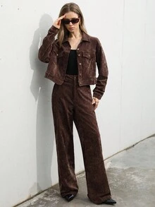 Aveloria Modichic 2 件套女士复古硬币设计羊毛夹克和休闲裤套装，简约欧式风格，秋冬 - 棕色 - 查看 4