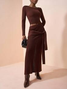 Zivah 2025 Summer New Music Festival, Easter, Mother's Day, Wedding Season, Wedding Attendance, Birthday Party, Daily Casual, Basic Versatile, Leisure, Cruise Travel, Beach, Sunbathing, Viral , Street Style, Elegant, Commute, Business, Pleated Ruffle Sleeveless Top And Pleated Skirt 2 Pieces Knit Brown Set For Women In Fall/Winter - Brown - View 2