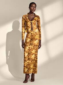 Almamuse Women Elegant Floral Print Skirt & Long Sleeve 2 Pieces Set Fall Cloth For Women - Orange - View 4