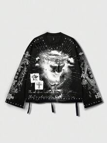 ROMWE MEN Street Life Áo thun nam cổ tròn tay dài họa tiết thánh đường cổ điển, phong cách đường phố cổ điển, mùa thu, phong cách thập niên 2000 - màu đen - Xem 5