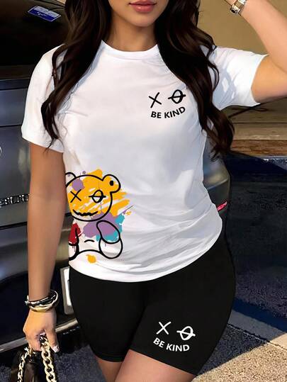 Rovax Set de 2 piezas de camiseta de manga corta con cuello redondo y shorts de verano para mujer, de moda