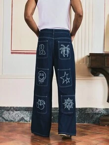 SWAVVY 男士刺绣装饰后袋阔腿牛仔裤 - 藍色 - 查看 1