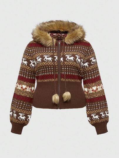 Hippie Chaqueta con capucha de punto ajustada con estampado de ciervos estilo Fair Isle vintage Y2K y flecos, talla grande para mujer