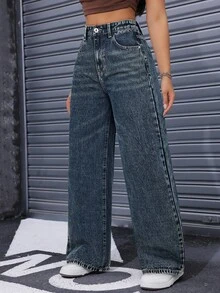 SHEIN ICON Women's High Waist Pocketed Wide Leg Loose Casual Versatile Denim Pants - Blue - View 3