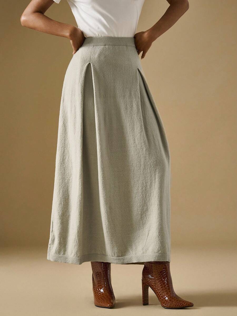 Briarwyn Fall Women's Solid Color Casual Long Knitted Midi Skirt, Fall/Winter, Back To School,Fall Old Money Style - Light Grey - View 1