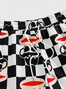 ROMWE MEN Paul Frank X ROMWE 男士卡通棋盘格图案抽绳腰短裤 - 彩色 - 查看 3