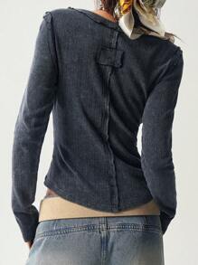 Bohemela Áo thun dệt kim dài tay cài nút cổ điển giặt thường ngày dành cho nữ - Màu xám đen - Xem 8