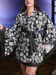 Corpse Bride X SHEIN Plus Size Women Dark Horror Cartoon Figure & Floral Print Contrast Lace Trim Belted Robe, Fall - Black - View 4