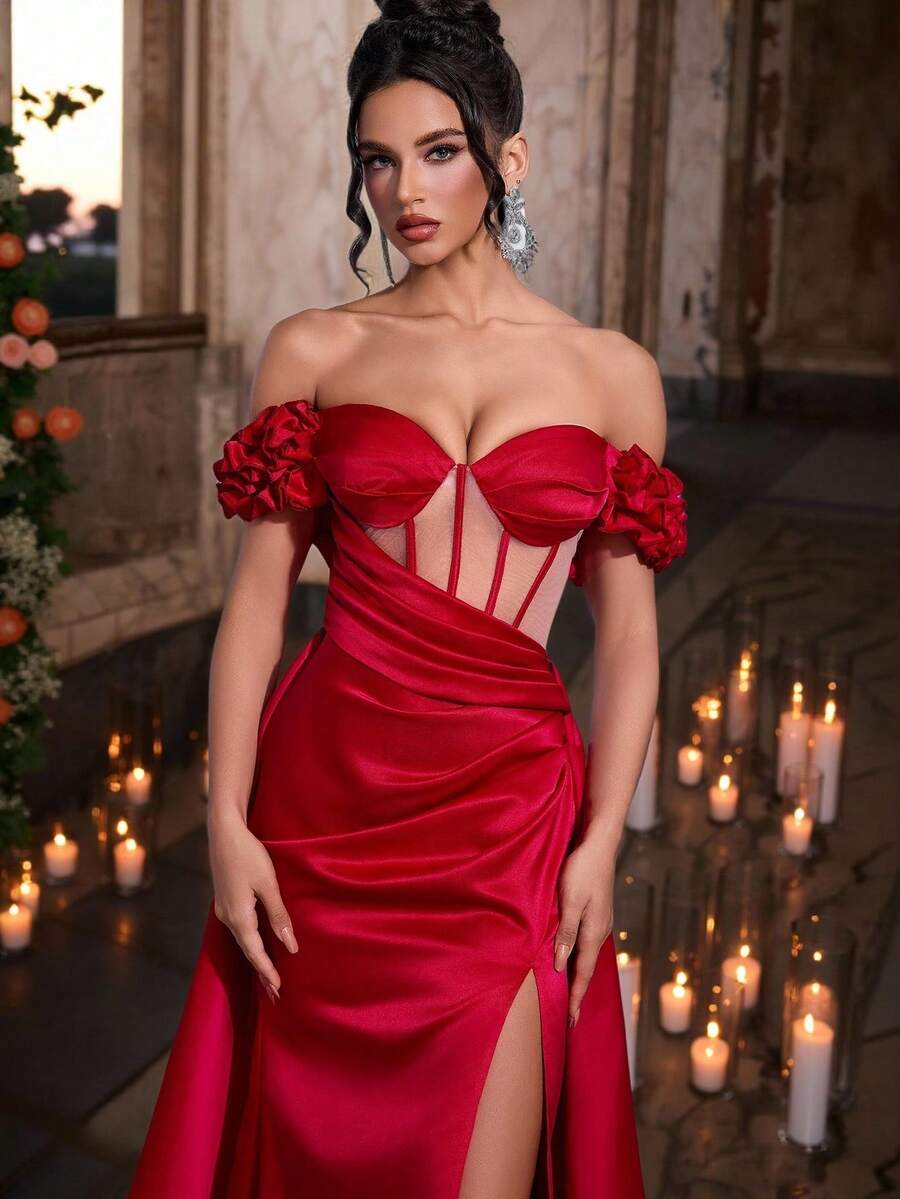 Glamrae 优雅、浪漫、端庄、红色、缎面、透视、露肩、紧身、有骨腰带、褶饰、超大裙摆、拖尾、鱼尾下摆、前开衩、时尚、网红、节日、度假、生日派对、婚礼活动、正式晚礼服