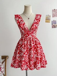 Soleia 碎花荷葉邊後背繫帶荷葉邊連身短褲 - 紅白色 - 查看 1