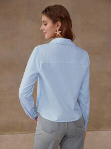 MOTF PREMIUM 条纹镂空衬衫 - 藍白色 - 查看 5