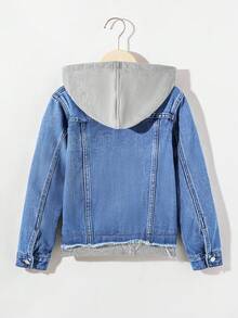 SHEIN Kurtka chłopięca modna, swobodna, szara, dzianinowa, z kapturem, z długim rękawem i niebieskimi przetarciami, idealna na co dzień i na jesień, dla chłopców, na zimę