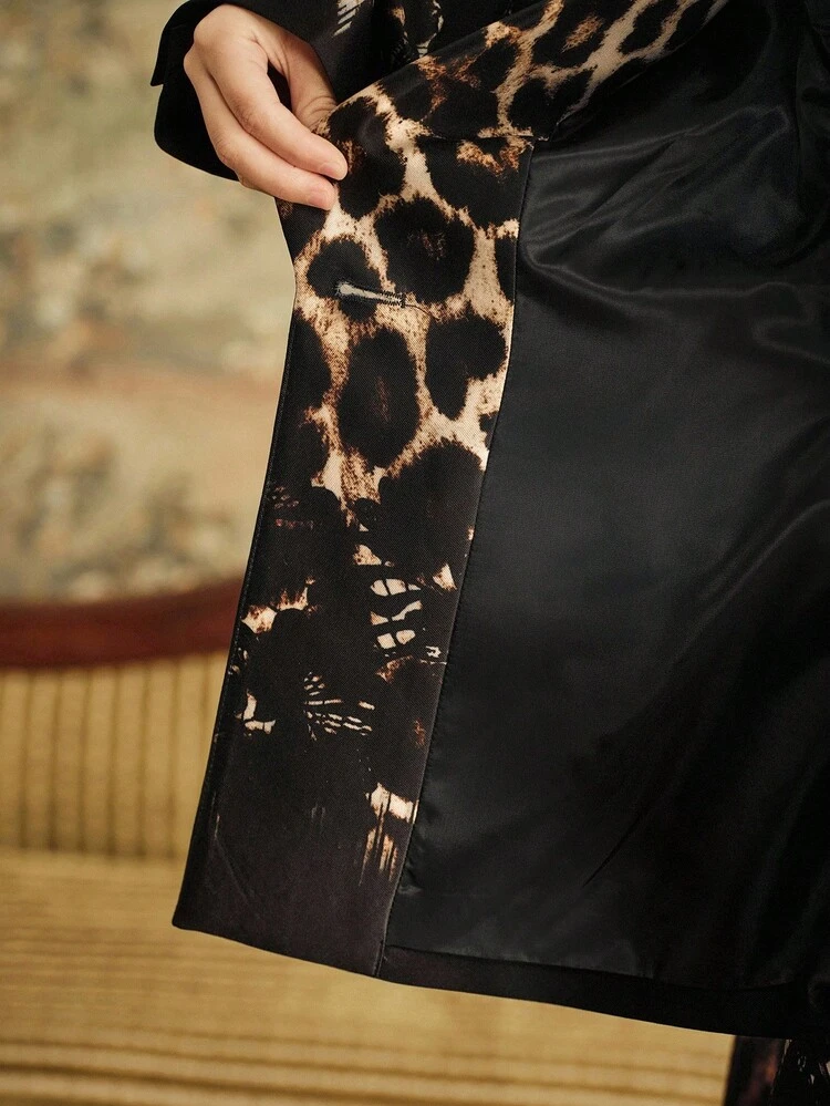 Women's Elegant Leopard Gradient Placement Print Waist Cinched Long Sleeve Blazer Jacket, Suitable For Halloween, New Year