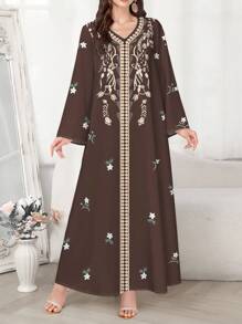 SHEIN Najma 女式复古风格花卉印花 V 领长袖优雅阿拉伯风格长裙，春夏 - 彩色 - 查看 1