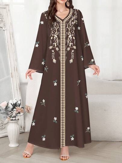 SHEIN Najma 女式复古风格花卉印花 V 领长袖优雅阿拉伯风格长裙，春夏