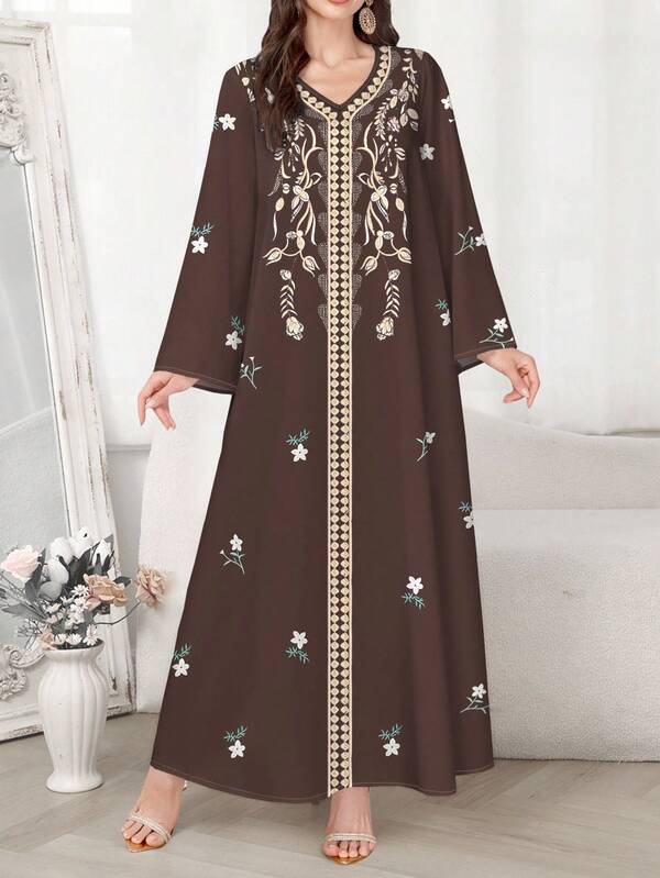 SHEIN Najma Women's Retro Style Vintage Floral Print V-Neck Long Sleeve Elegant Arabic Style Maxi Dress, Spring/Summer