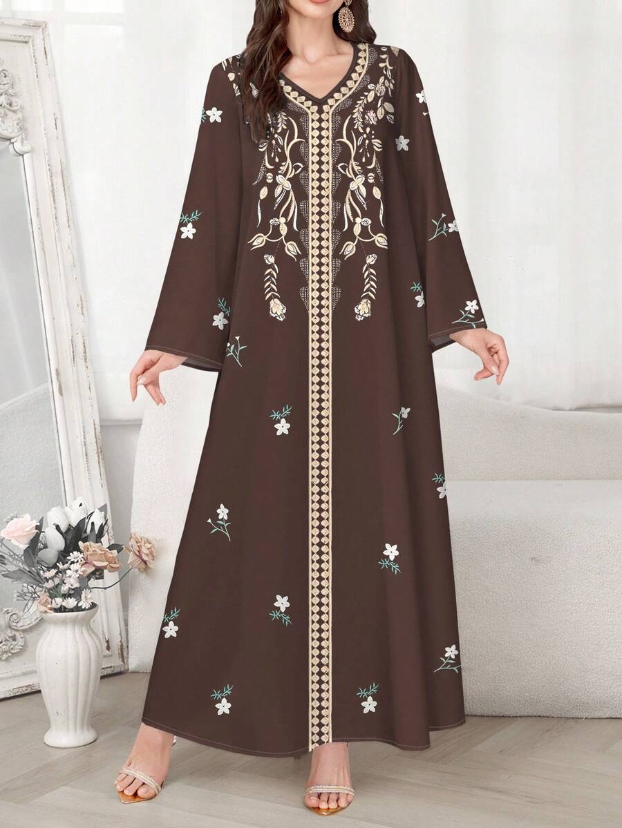 SHEIN Najma 女式复古风格花卉印花 V 领长袖优雅阿拉伯风格长裙,春夏 - 彩色 - 查看 1