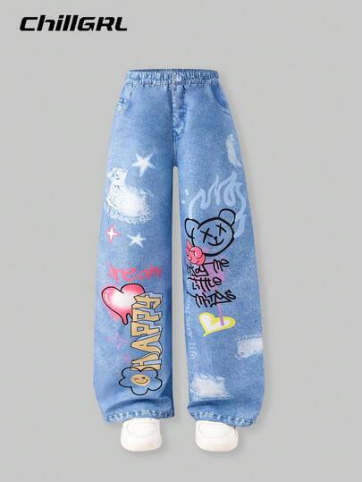 SHEIN Calça casual reta com estampa de letras trançadas para meninas adolescentes, sem jeans