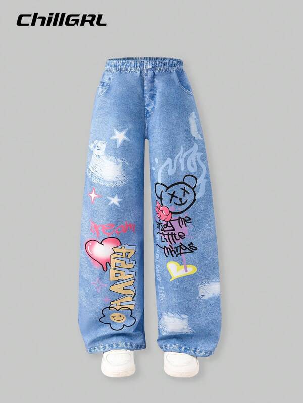 SHEIN Tween Girl Woven Letter Graphic Casual Straight Leg Non-Denim Pants