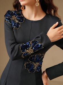 Anewsta 女装新款端庄串珠花卉图案高端宴会优雅连衣裙 - 藍色 - 查看 7