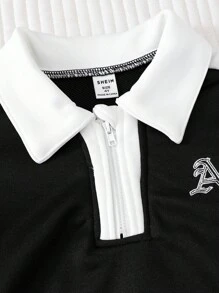 SHEIN 小男孩半拉鍊 Polo 套裝，字母刺繡領口上衣搭配側邊拼接長褲 2 件套，春秋日常休閒裝，花童造型 - 黑色 - 查看 6