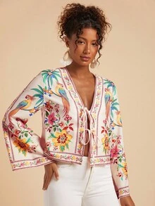 Travachic Áo sơ mi dài tay thường ngày in họa tiết hoa và vẹt buộc phía trước dành cho nữ, phong cách Boho nhiệt đới thường ngày dành cho nữ, mùa thu dành cho nữ, mùa thu sang trọng, đi chơi, thanh lịch, phong cách đồng quê dành cho nữ - Hồng - Xem 5