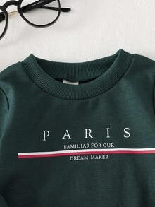 SHEIN Baby Boy Casual Paris Letter Printed Rib Trim Long Sleeve Sweatshirt, Spring/Autumn/Winter,Baby,6M-3T Fall - Dark Green - View 4