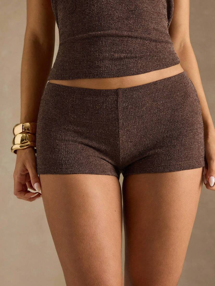 SHEIN BAE 女士休闲纯色低腰短裤，夏季 - 咖啡棕 - 查看 1