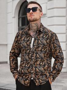 Manfinity CasualCool 男士复古休闲佩斯利图案长袖秋季衬衫，百搭秋季外出衬衫，全印花休闲街头风格男士长袖衬衫，适合日常穿着，2025新款秋季衬衫适合通勤、休闲约会、商务等各种场合。这是一款适合秋季外出的长袖上衣，适合秋季 - 彩色 - 查看 3