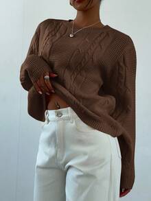 Aloruh 女士休闲圆领长袖麻花图案毛衣，秋冬 - 咖啡棕 - 查看 7