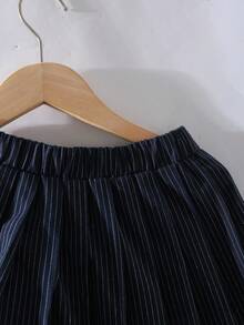SHEIN Girls' Fashionable Navy Blue Preppy Style Collared Long Sleeve Cropped Striped Shirt And Pleated Skirt Autumn School Back-To-School Outfit Set - Royal Blue - View 3