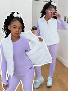 SHEIN Sparklyn Bộ 3 món áo vest cotton chần bông ấm áp, đa năng, mặc hàng ngày, thoải mái, phù hợp với mọi phong cách cho bé gái tuổi mới lớn + áo phông dài tay cổ đứng ôm vừa vặn + quần legging dệt kim gân, thời trang Thu/Đông - Màu tím - Xem 1