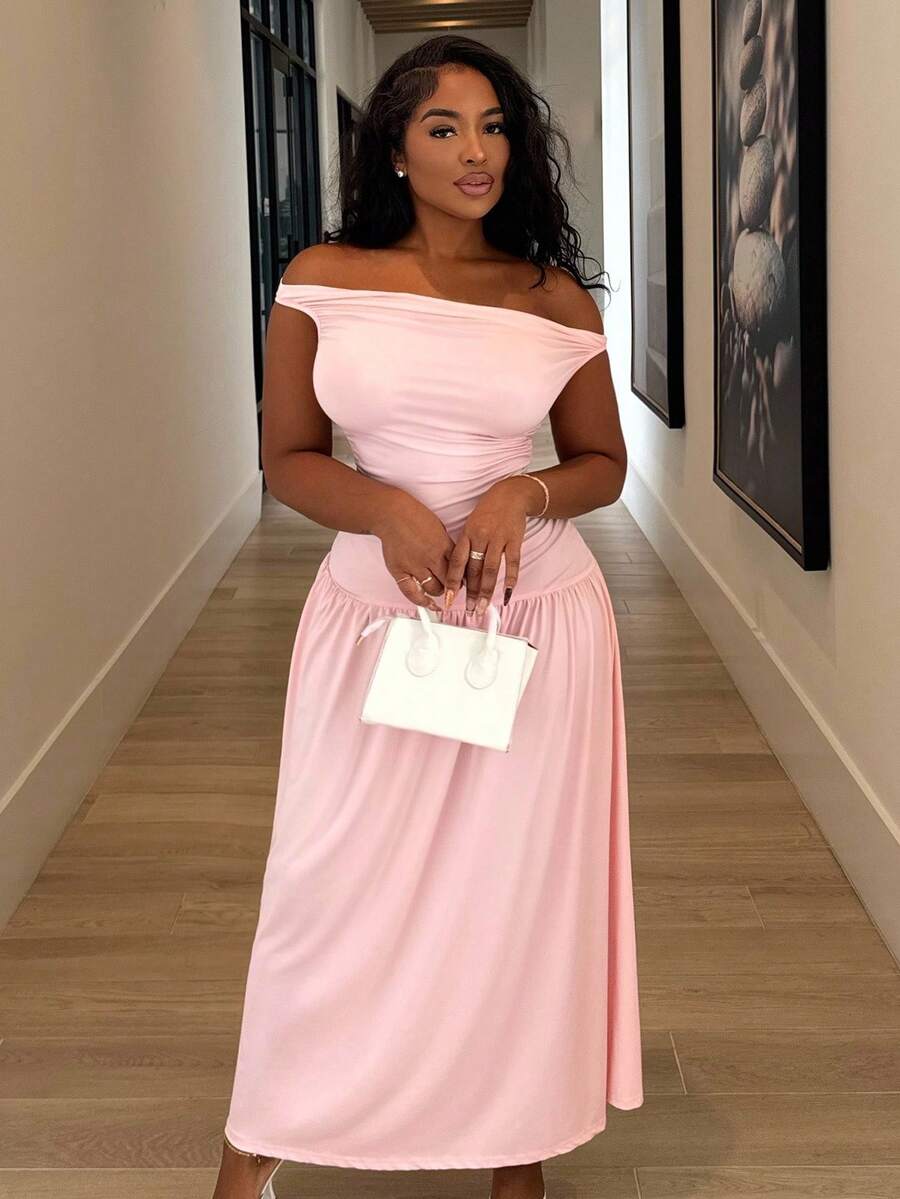 Alexandranx Women's Elegant Sleeveless V-Neck Pleated Long Dress, Blue, Everyday Commuting Fitted Slim Style, Spring & Summer - Pink - View 1