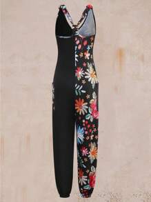 EMERY ROSE Große Größen Damen Jumpsuit mit Blume Muster und einfarbigen Patchwork-Elementen ohne Ärmel