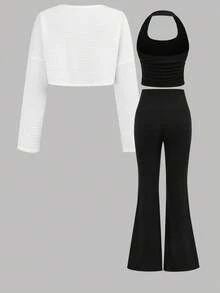 Girlism Bộ 3 món áo khoác cardigan dáng rộng màu trắng trơn, thiết kế thường ngày, cổ yếm xếp ly, eo đen cho bé gái, thích hợp mặc vào mùa xuân, thu, đông, mùa tựu trường, lễ hội, trang phục gia đình ngoài trời hàng ngày, thích hợp cho nhiều dịp khác nhau - Đen và trắng - Xem 2