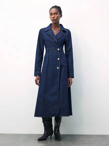 Maija 女式休闲前扣腰收腰长袖牛仔连衣裙，秋季 - 深色水洗藍 - 查看 3